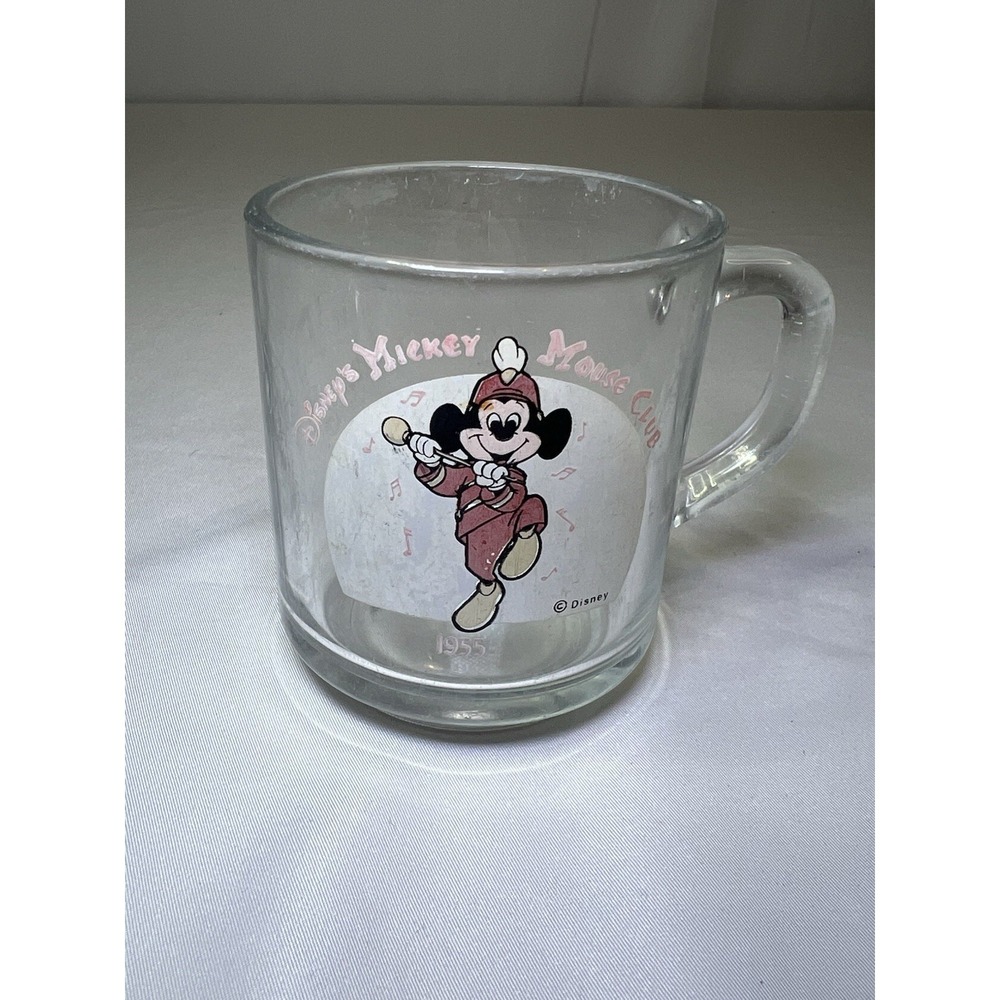 Mickey Mouse Disney Club 1955 Collectible Clear Glass Coffee Tea Mug Vintage USA
